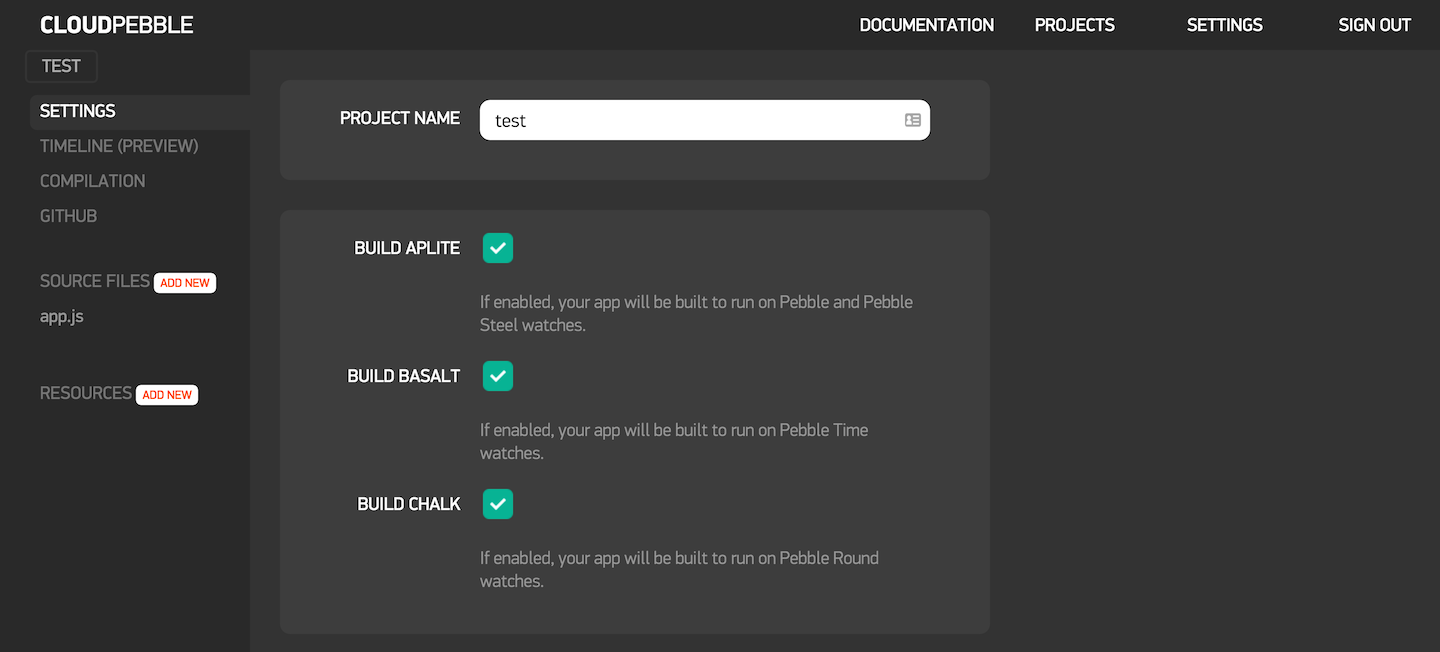 CloudPebble Settings Screen
