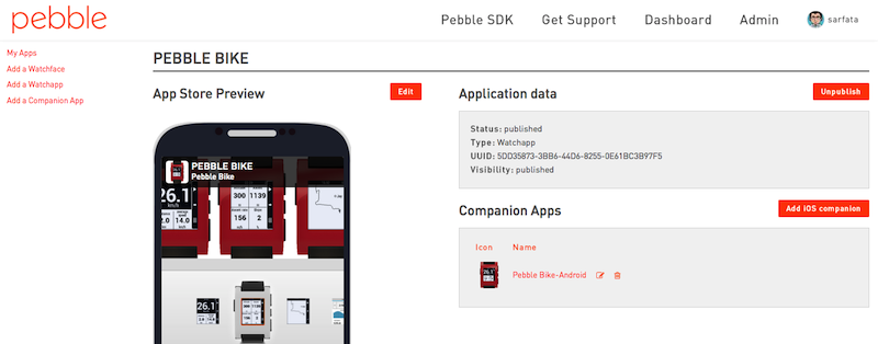 An application on the Pebble Developer Dashboard