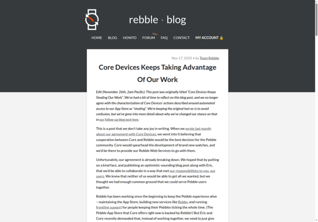 Rebble · Core Devices Keeps Taking Advantage Of Our Work