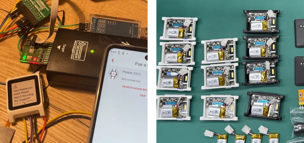 公式ブログより　左はCore 2 DuoプロトタイプでPebbleOSが動いている様子。右は開発サンプル