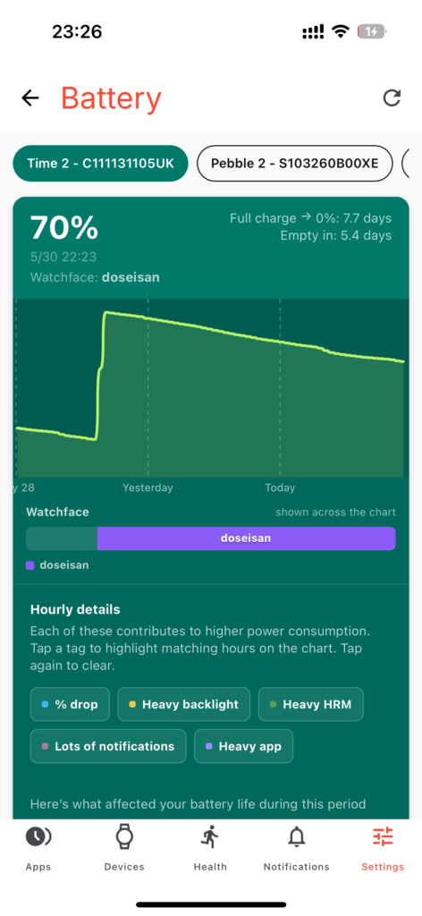 Pebble公式アプリの Settings -> Battery 画面