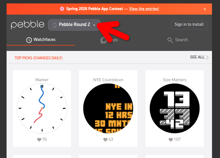 Pebble App Storeで、Pebble Round 2を選択すれば、Round2用のものをフィルタリングできます