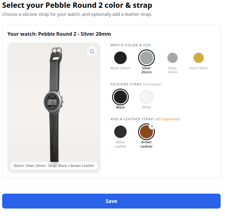 Pebble Round 2のカラーとストラップ選択ができるようになっています
